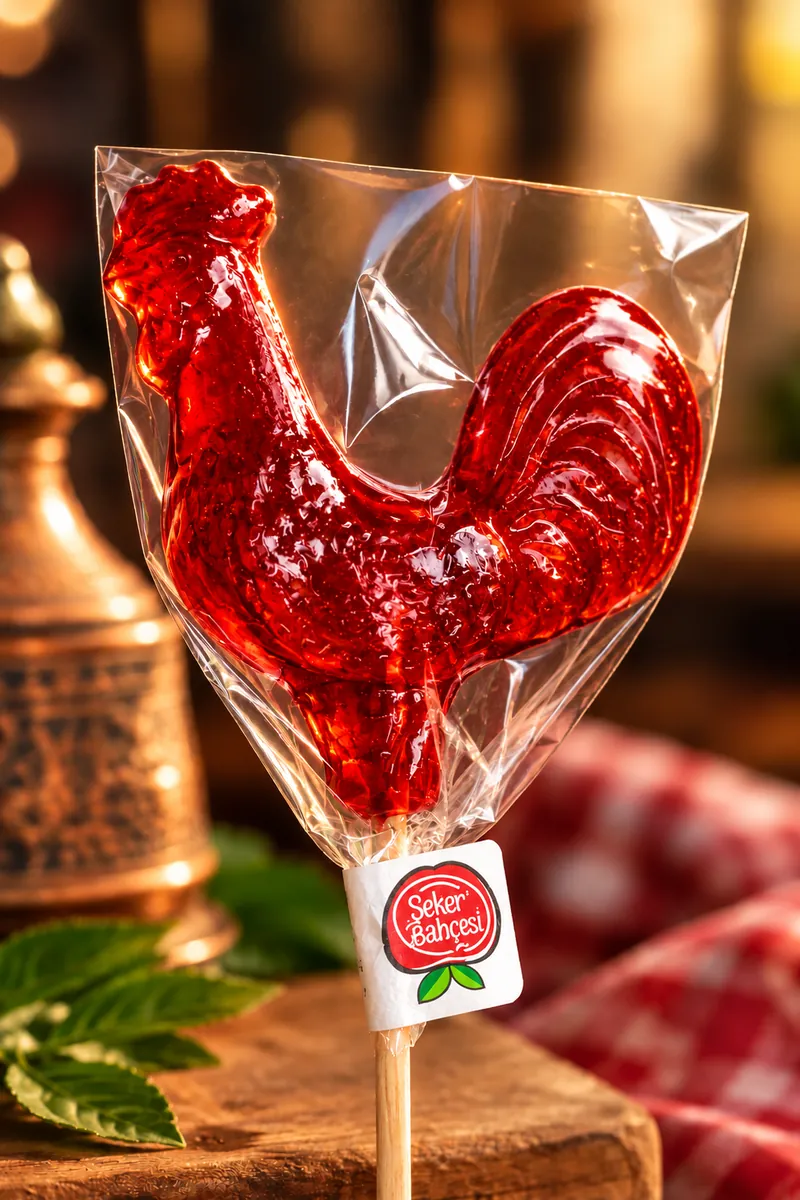 Selofan ambalajlı, ahşap çubuklu kırmızı horoz şeker