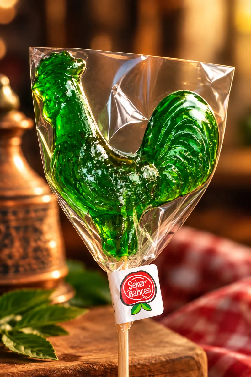 Selofan ambalajlı, ahşap çubuklu yeşil horoz şeker